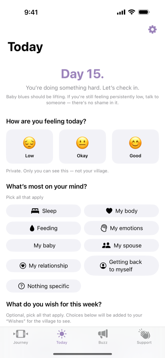 Vilia daily check-in with mood and wishes